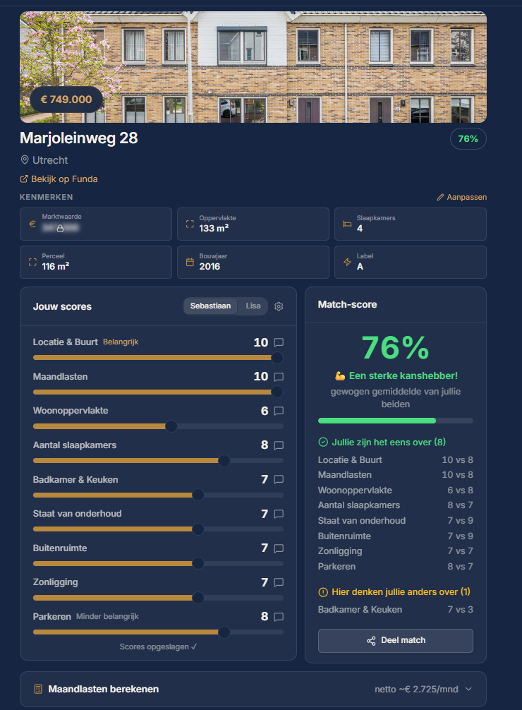 Vergelijkingstabel van meerdere woningen