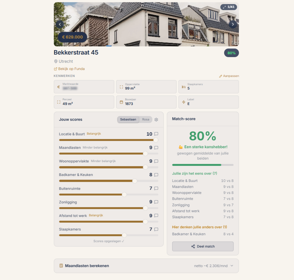 Vergelijkingstabel van meerdere woningen